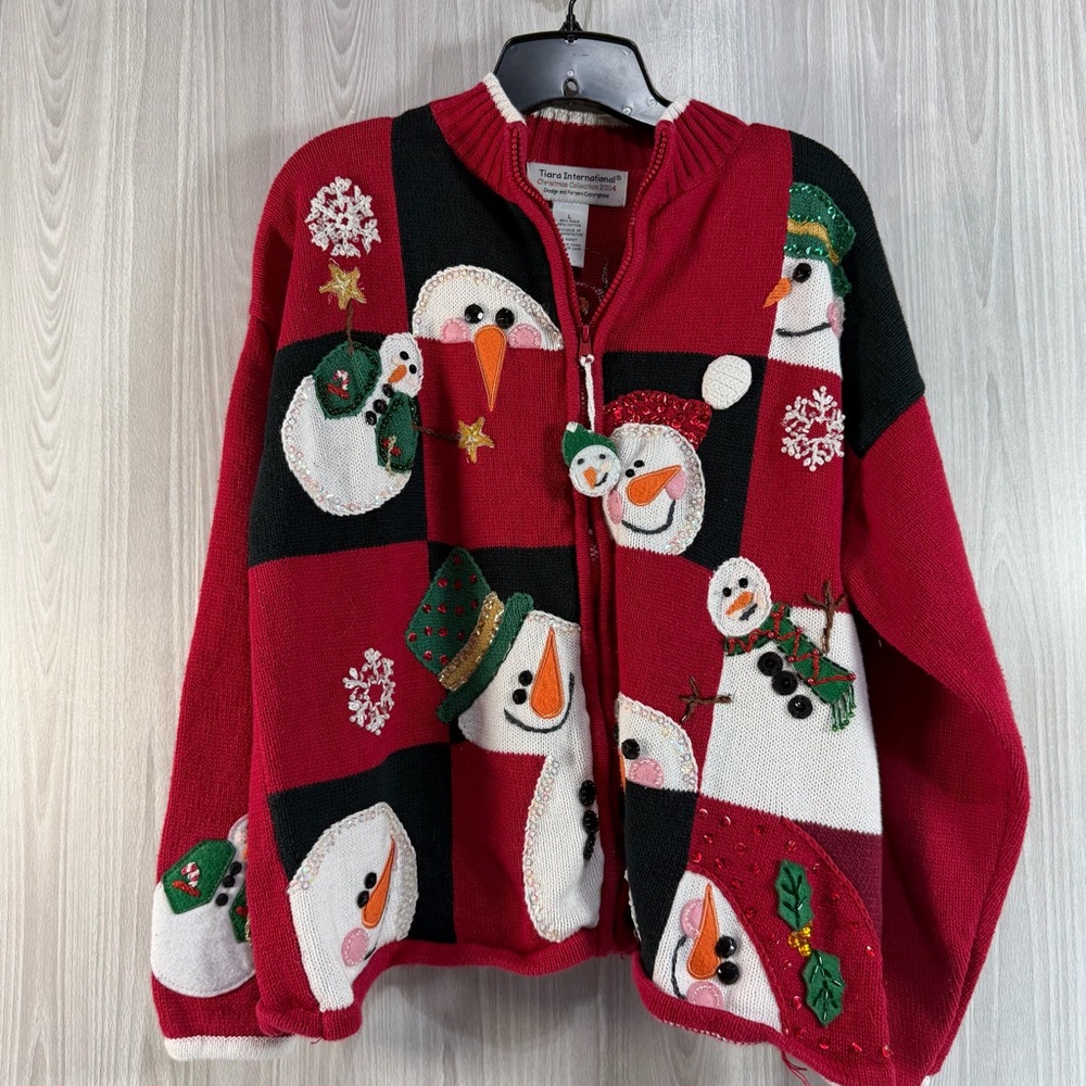 Vintage Christmas Sweater Red Zip Up Cardigan Snowman Snowflake Embroidered Sz L